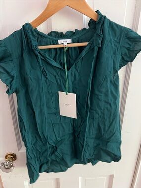 VOY Teal Ruffle-Trim Short-Sleeve Blouse